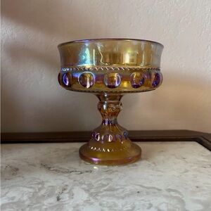 Indiana Glass Kings Crown Thumbprint Pedestal Compote Candy Dish Iridescent Gold